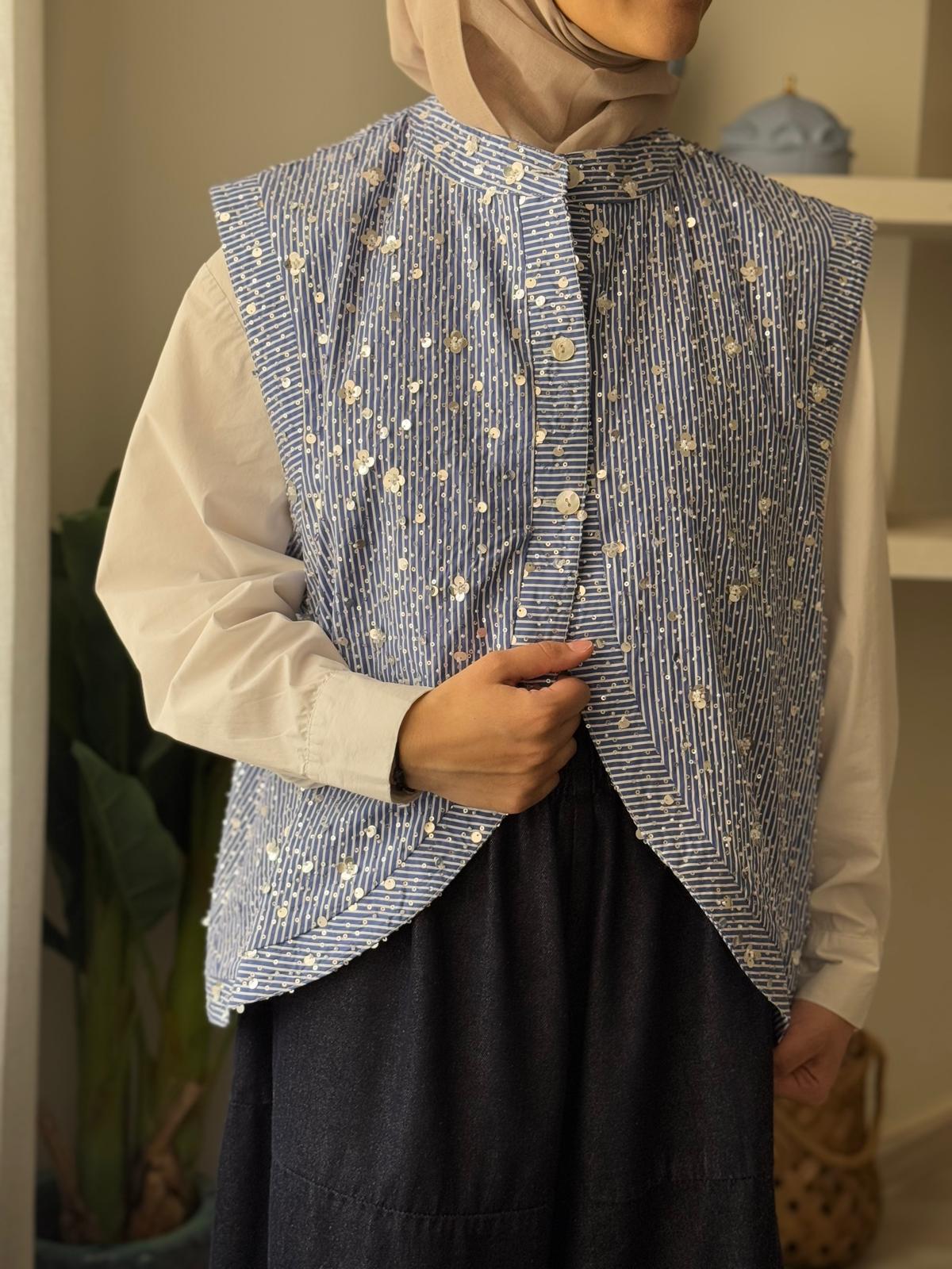7941 Blue Sequined Vest From Ghazel