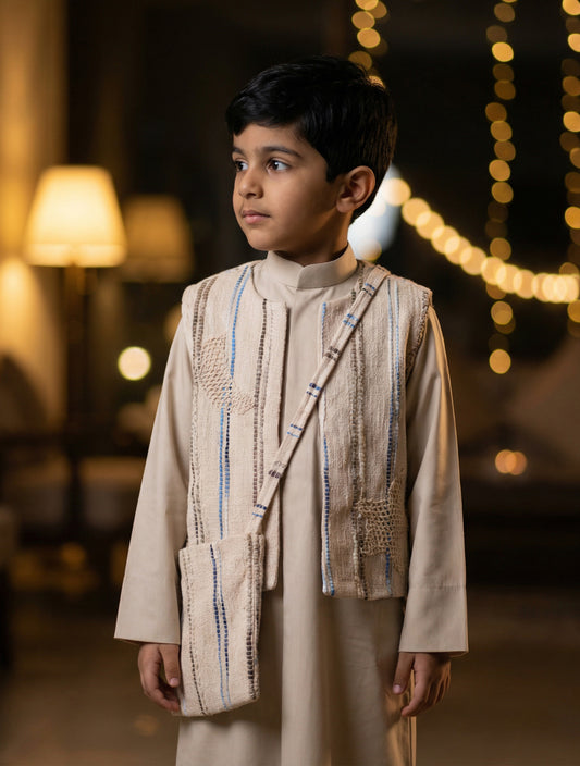 Boys’ Beige With Blue Patches Gergean Vest With Bag Al Jazeera