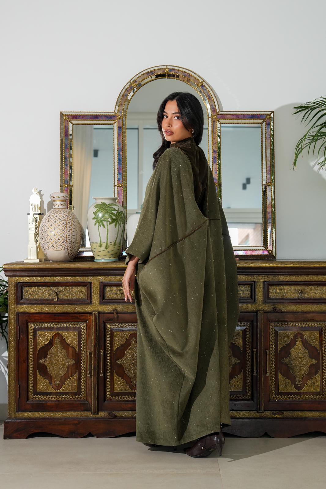 8063 Olive Green Velvet Daraa Set For Women