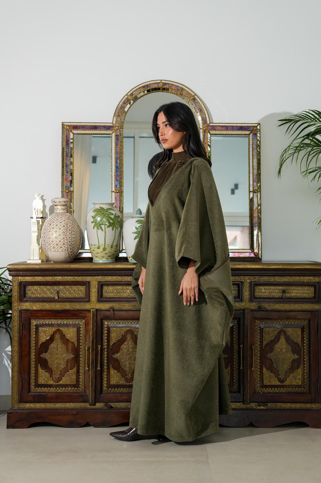 8063 Olive Green Velvet Daraa Set For Women
