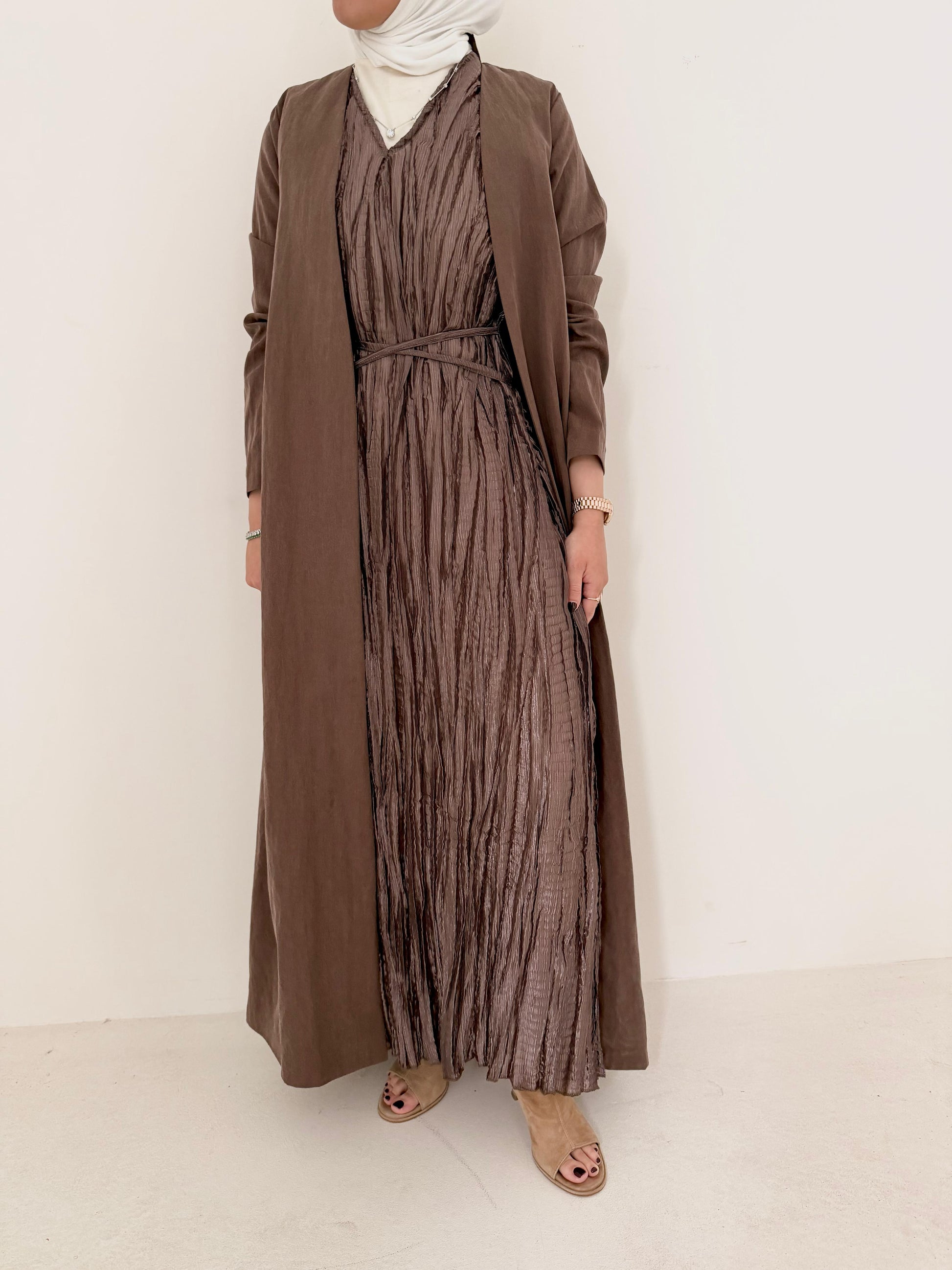 Nova 8079 Brown Pleated Dress For Women