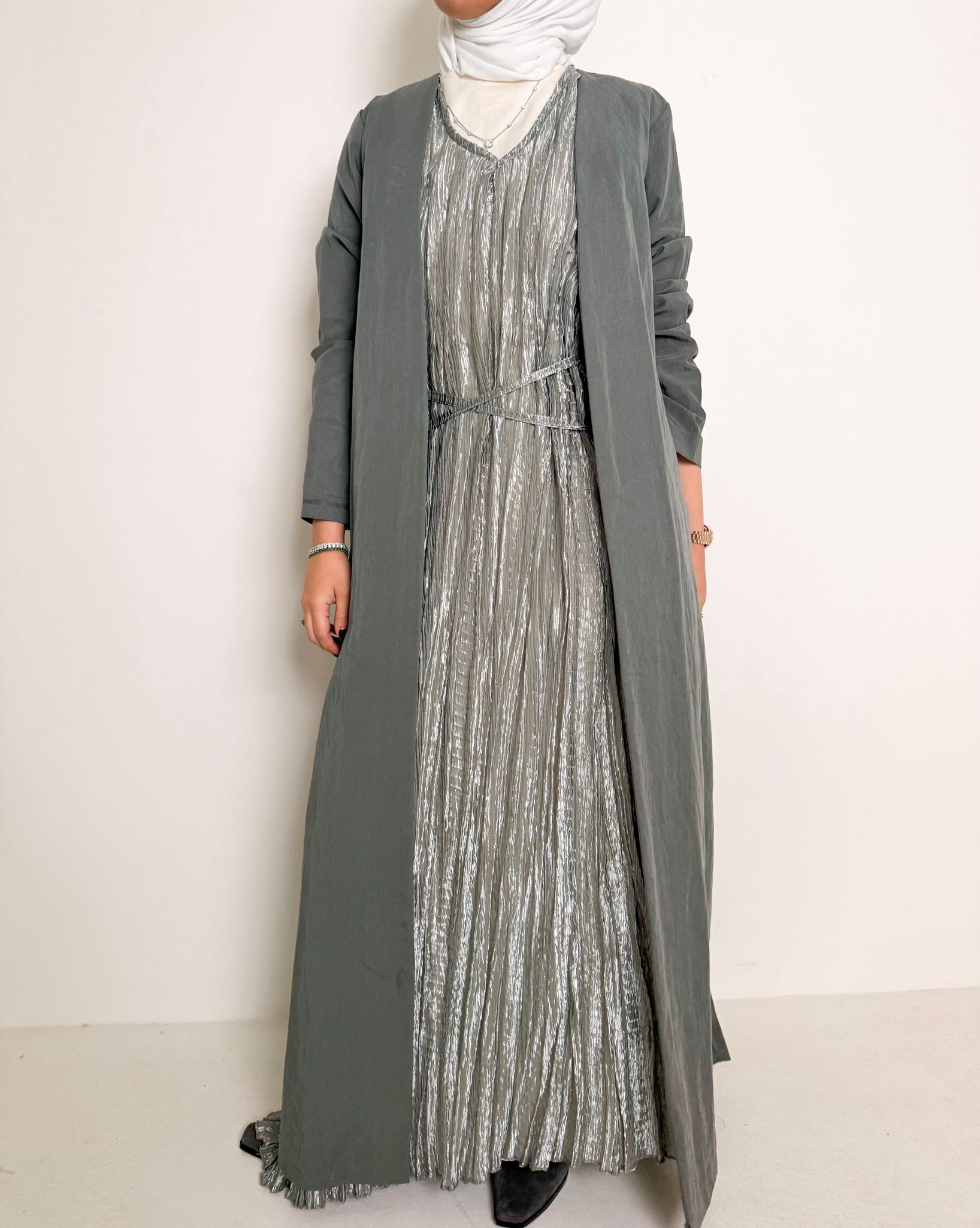 Nova 8079 Grey Silver Pleated Dress For Women