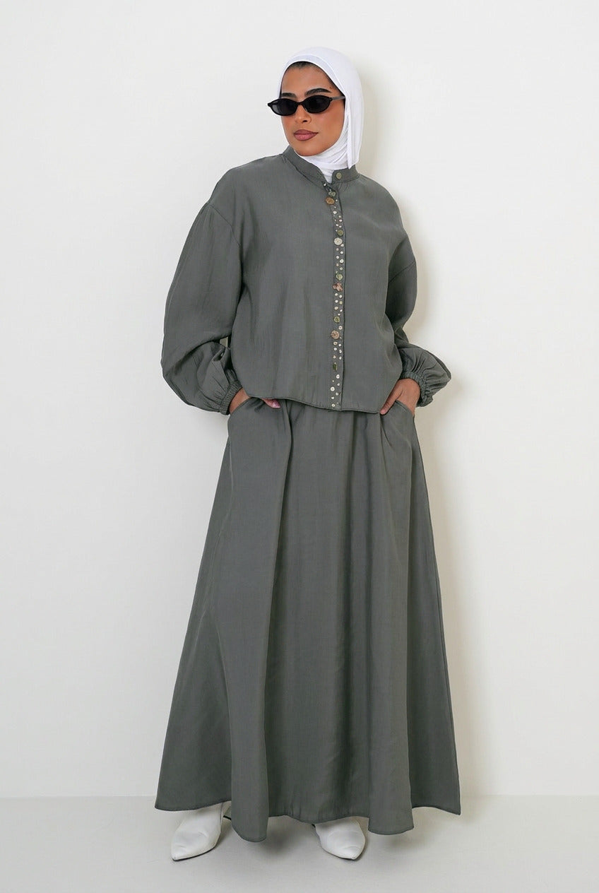 8201 Dark Grey Shirt And Skirt Set For Women