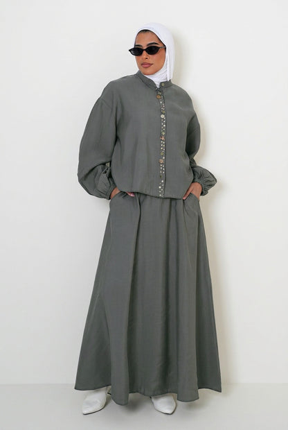 8201 Dark Grey Shirt And Skirt Set For Women