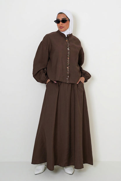 8201 Brown Shirt And Skirt Set For Women