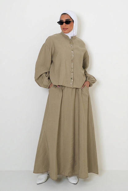 8201 Olive Shirt And Skirt Set For Women