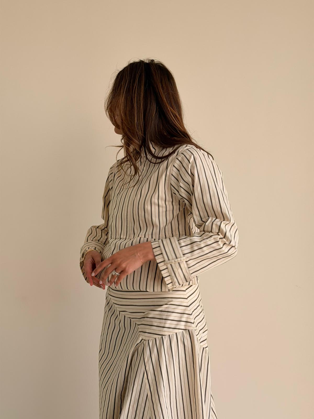 8235 Nova Edition-03 LBeige Stripe Black Set Shirt And Skirt