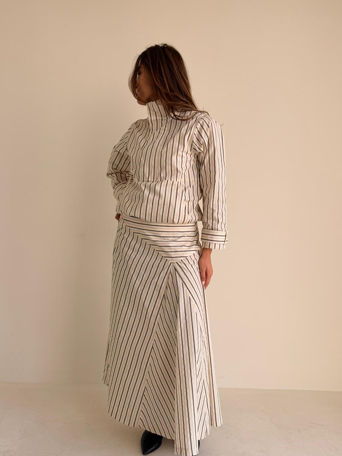 8235 Nova Edition-03 LBeige Stripe Black Set Shirt And Skirt