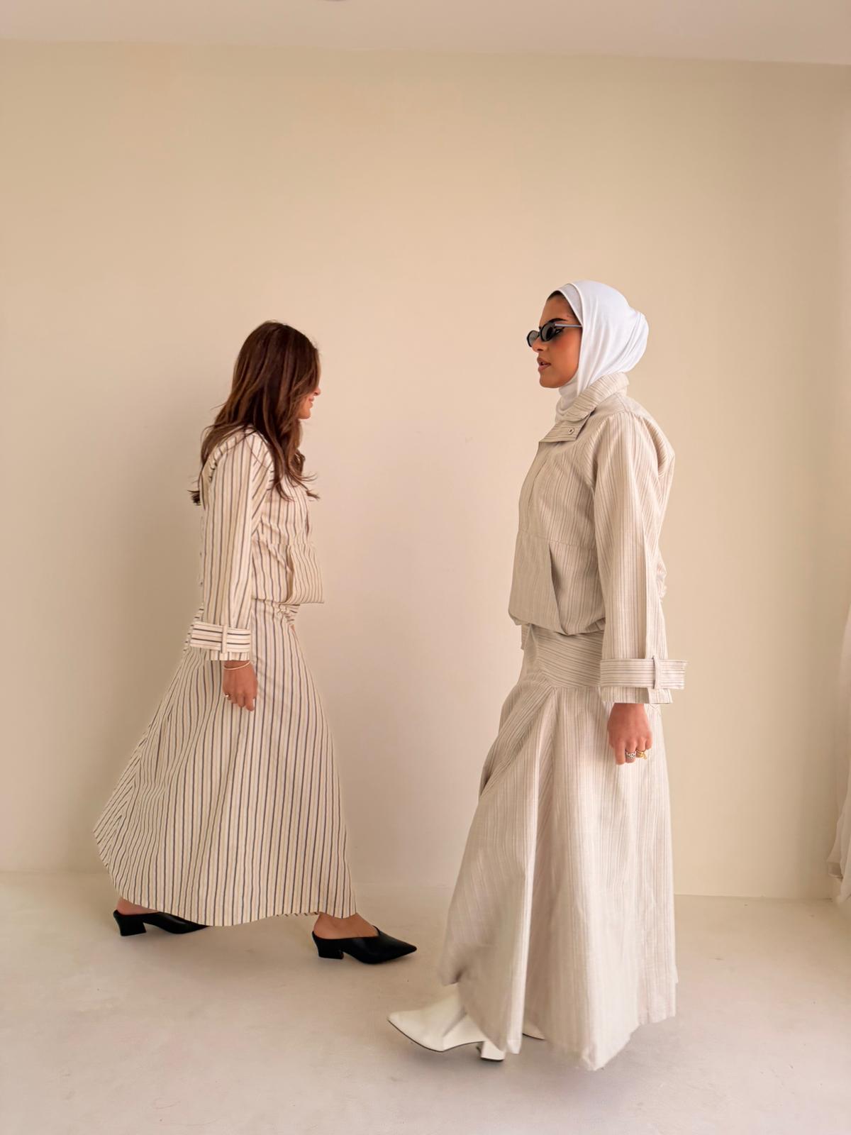 8235 Nova Edition-04  Beige Stripe Set Shirt And Skirt