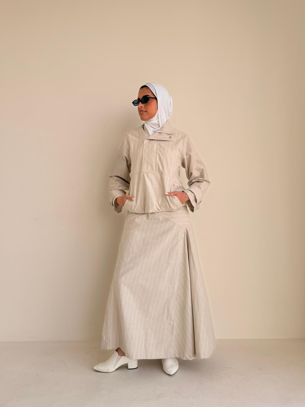 8235 Nova Edition-04  Beige Stripe Set Shirt And Skirt