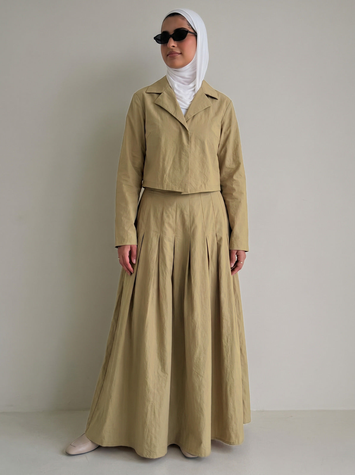 8257 Moss Olive Jacket Top And Skirt Set For Women