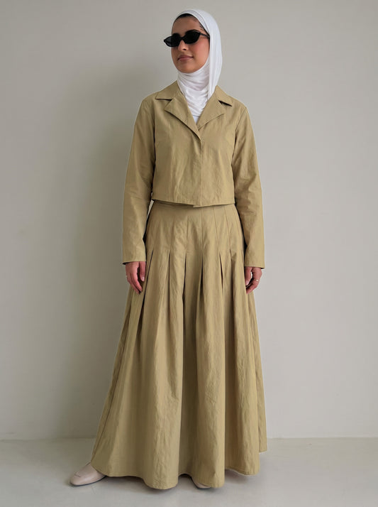 8257 Moss Olive Jacket Top And Skirt Set For Women