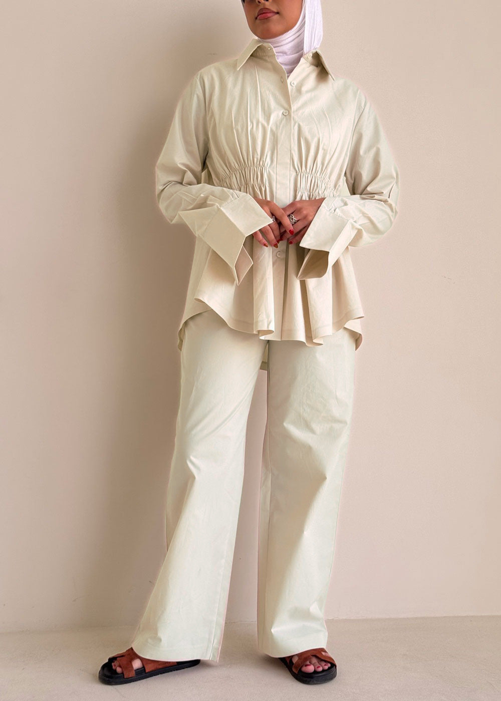 8180 Light Beige Shirt And Pants Set For Women