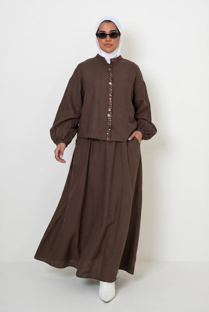 8201 Brown Shirt And Skirt Set For Women