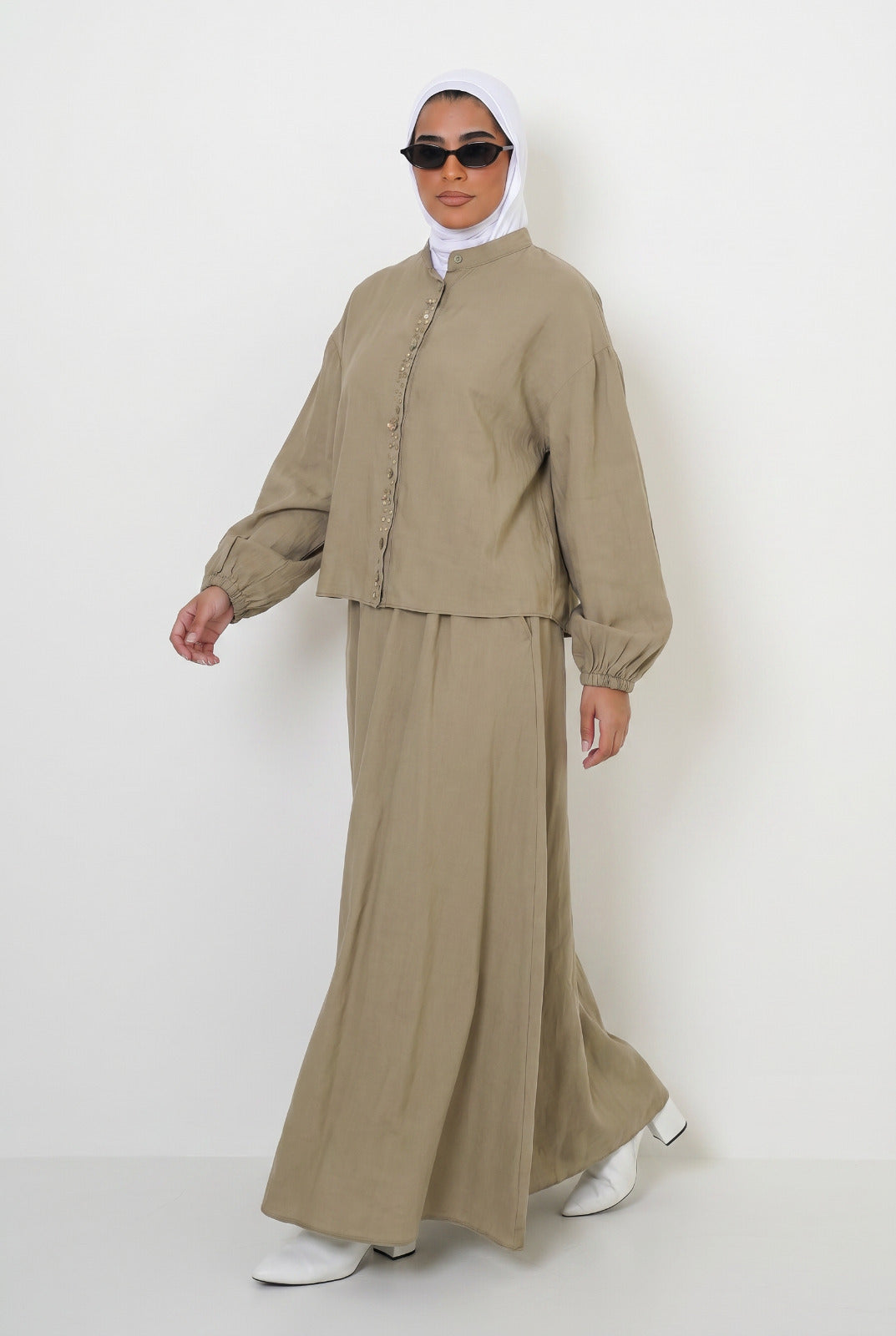 8201 Olive Shirt And Skirt Set For Women