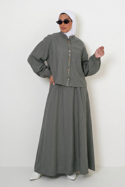 8201 Dark Grey Shirt And Skirt Set For Women