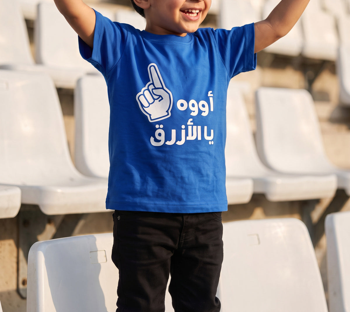 Blue T-shirt With Kuwait Football Slogan Design For Kids