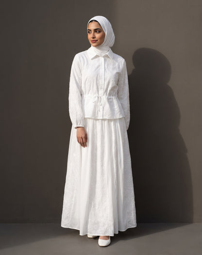 8318 Off White Shirt And Skirt Set For Women