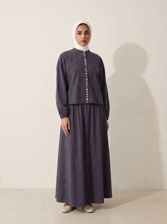 8201 Dark Grey Shirt And Skirt Set For Women