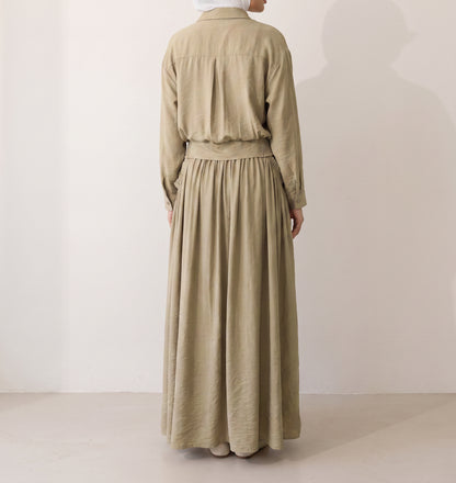 8281 Olive Shirt And Skirt Set For Women