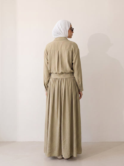 8281 Olive Shirt And Skirt Set For Women