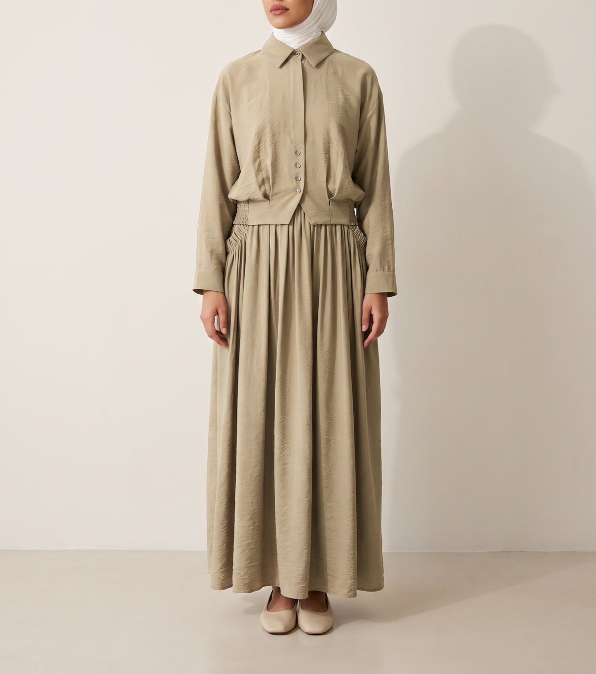 8281 Olive Shirt And Skirt Set For Women