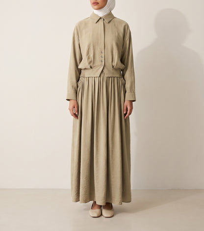 8281 Olive Shirt And Skirt Set For Women