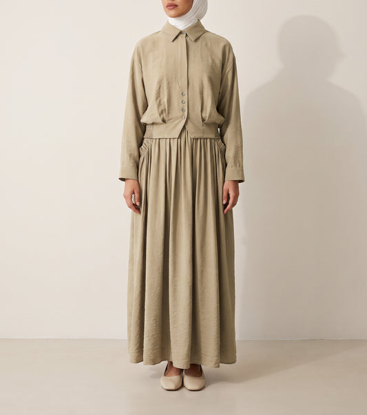 8281 Olive Shirt And Skirt Set For Women