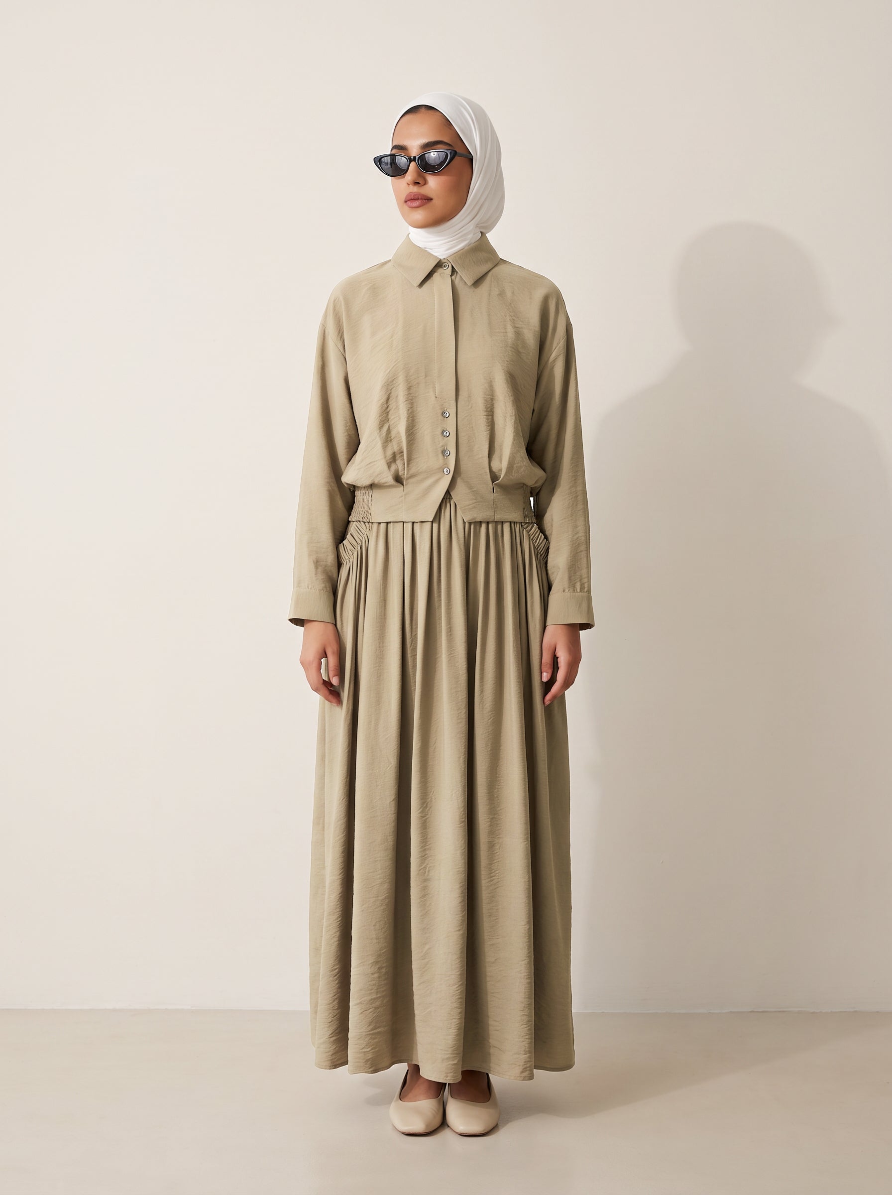 8281 Olive Shirt And Skirt Set For Women