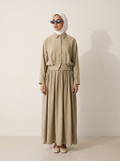 8281 Olive Shirt And Skirt Set For Women