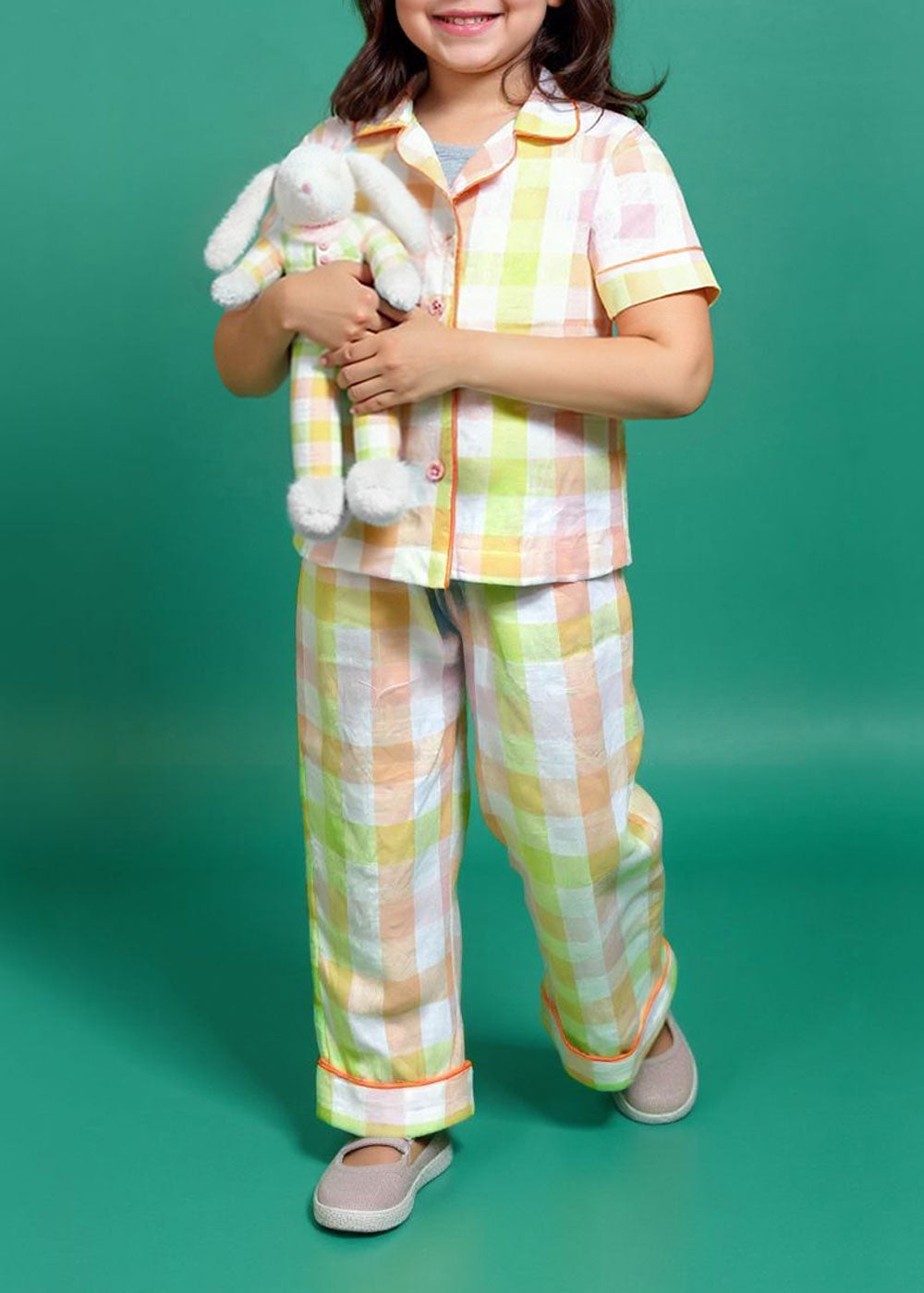 7926 Orange Checkered Pajama Set For Girls