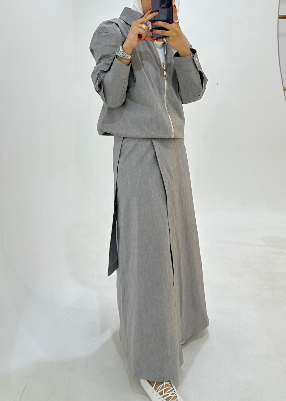 Nova Grey Shirt Jacket With Wrapping Skirt