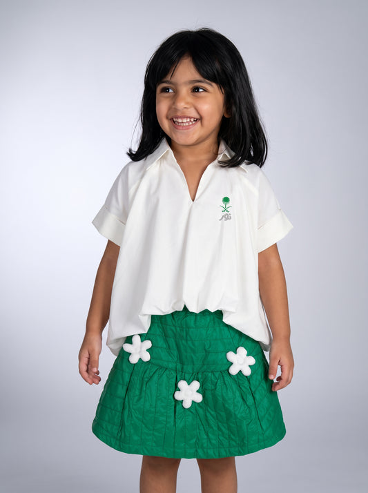 7932 Saudi White V-Collar Top For Girls (With Name Embroidery Option)