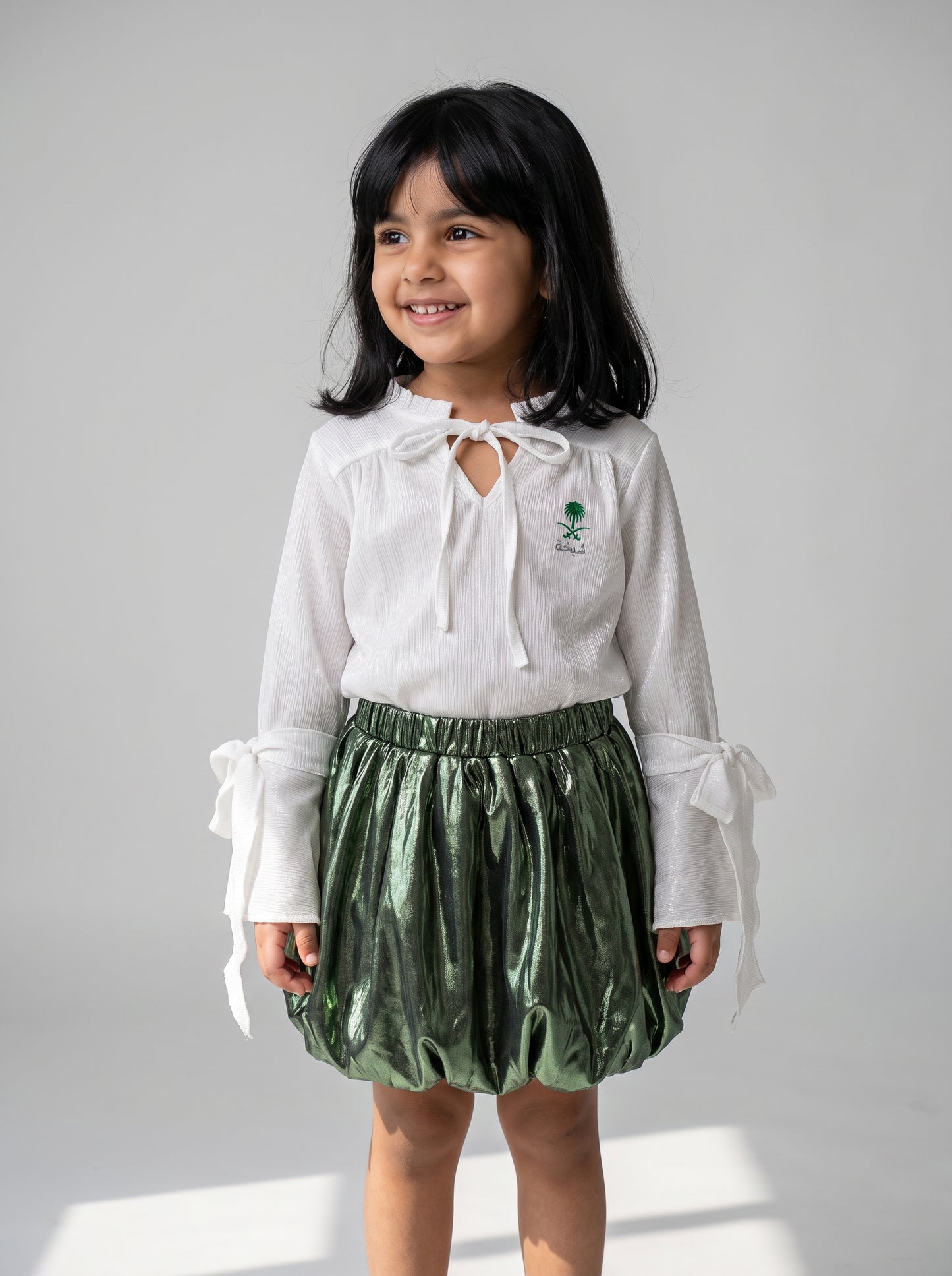 8284 White Top And Green Skirt Saudi Set For Girls