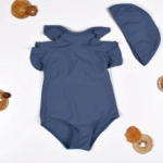 Picture of Blue Off Shoulders with Waffles Swimsuit with Swimming Cap