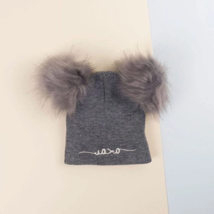 Picture of Grey Beenie Cap With Fur For Kids (With Name Embroidery) - Suitable For Below 2 Years
