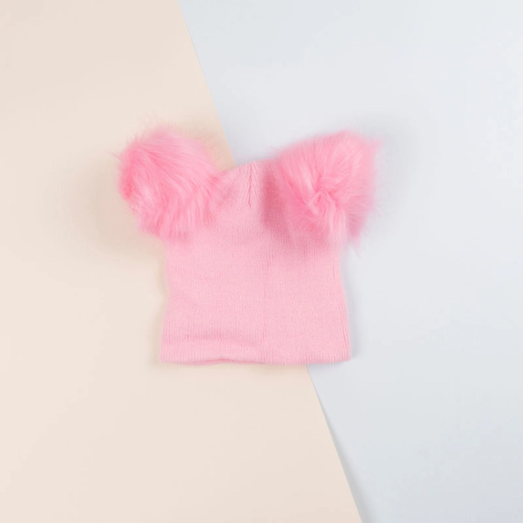 Picture of Pink Beenie Cap With Fur For Kids (With Name Embroidery) - Suitable For Below 2 Years