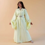Picture of Lemon Yellow Cotton Daraa With Puffy Sleeves And Belt For Women