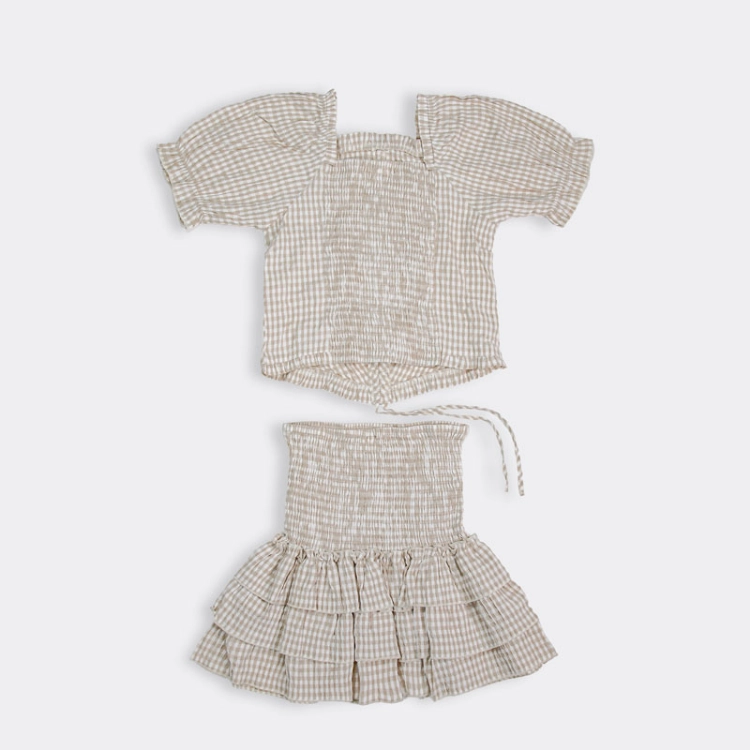 Picture of Tiya Beige Checkered Dress Set Without Buttons For Kids (With Embroidery Option)