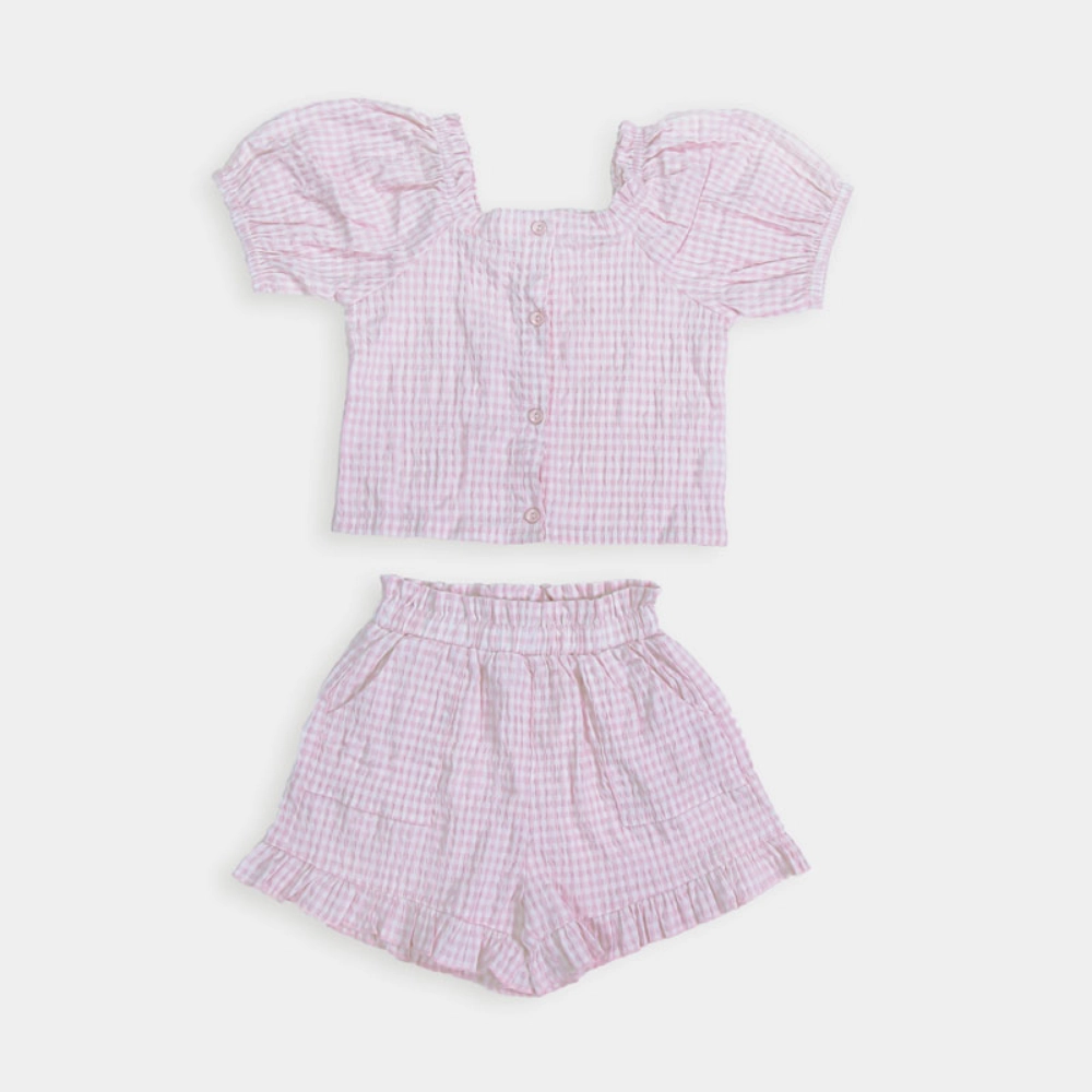 Picture of Tiya Pink Checkered Dress Set With Buttons For Kids (With Embroidery Option)
