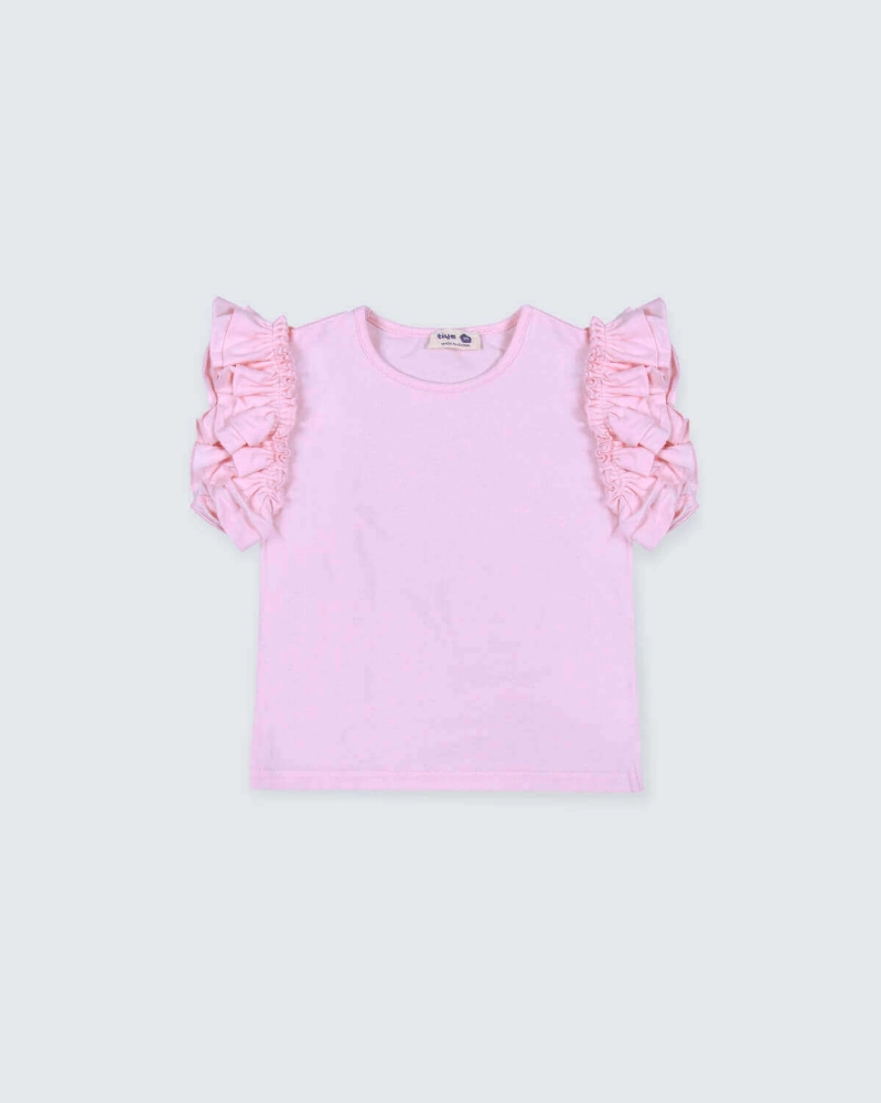 Picture of Tiya Pink Ruffled Blouse On The Sleeve For Girls(With Embroidery Option)