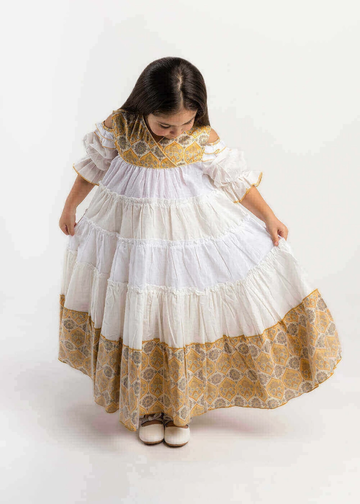 Picture of 23SS0TB497292 Custard Gergean Dress With Golden Embroidery