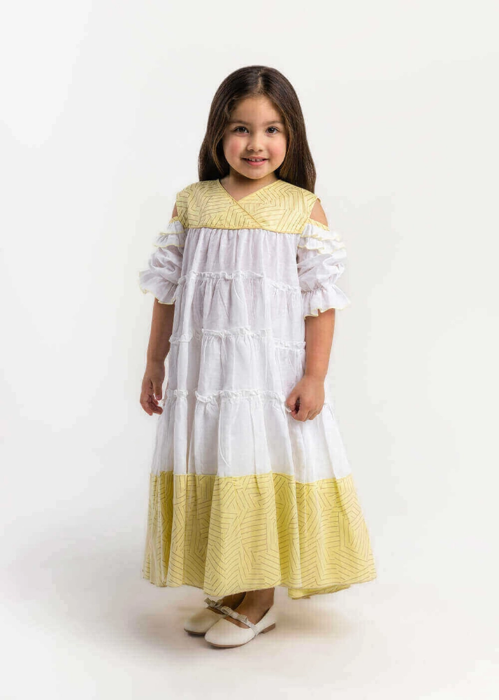 Picture of 23SS0TB497291 White Gergean Dress With Yellow Shoulder For Girls