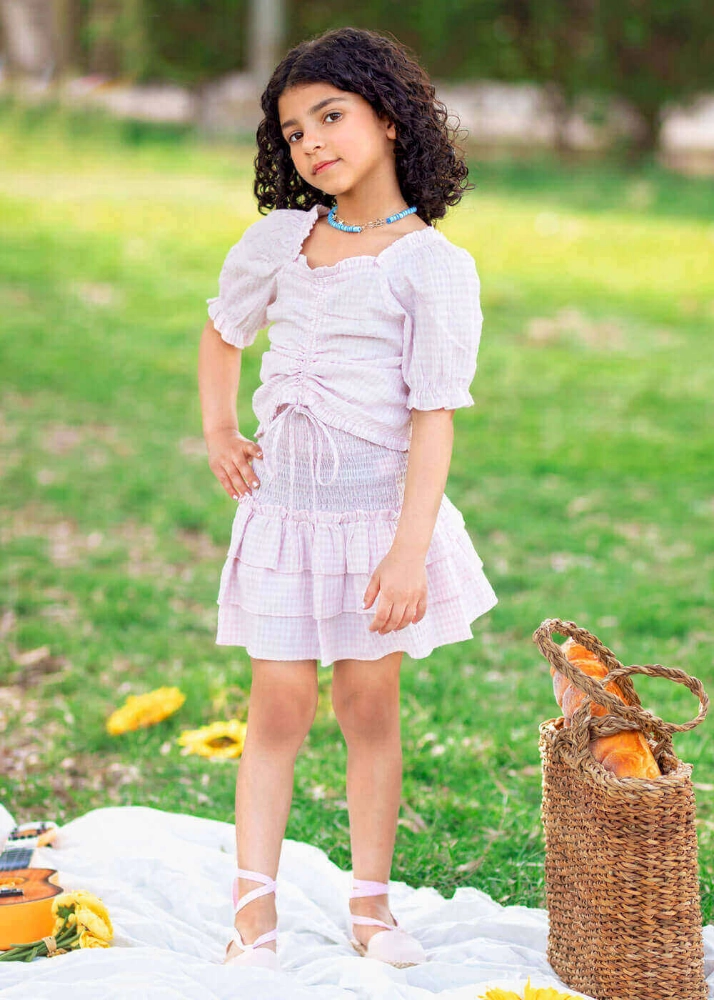 صورة  (مع امكانية تطريز الاسم)تيا طقم فستان وردى كاروهات بدون ازرار للاطفال