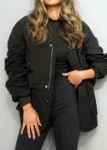 صورة 7504 معطف أسود برقبة V وأكمام منفوخة للنساء FW1-23