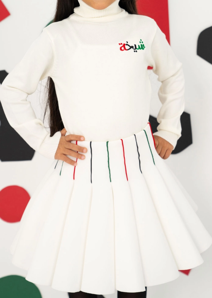 صورة 7519 تنورة بيضاء مع لون الكويت اليوم الوطني للبنات KND-24