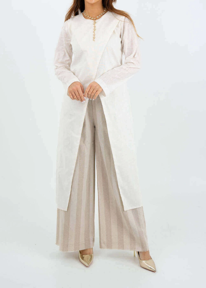 Picture of 7544 White And Beige Cut Daraa With Pants For Women RAM-24