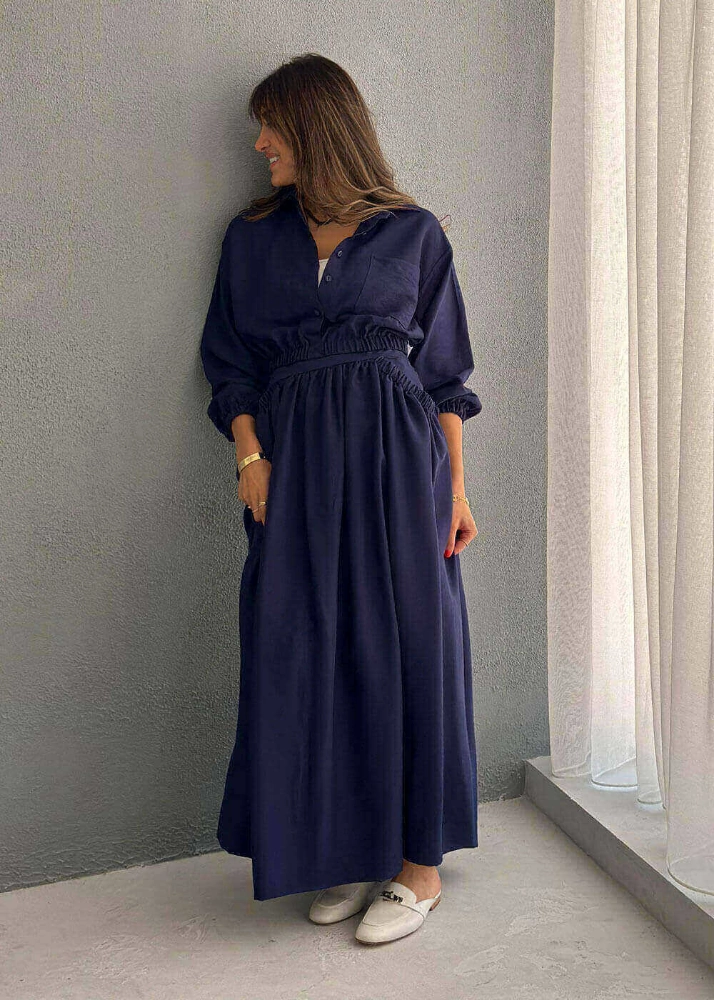 Picture of 7565 Navy Blue Top And Skirt Set For Women