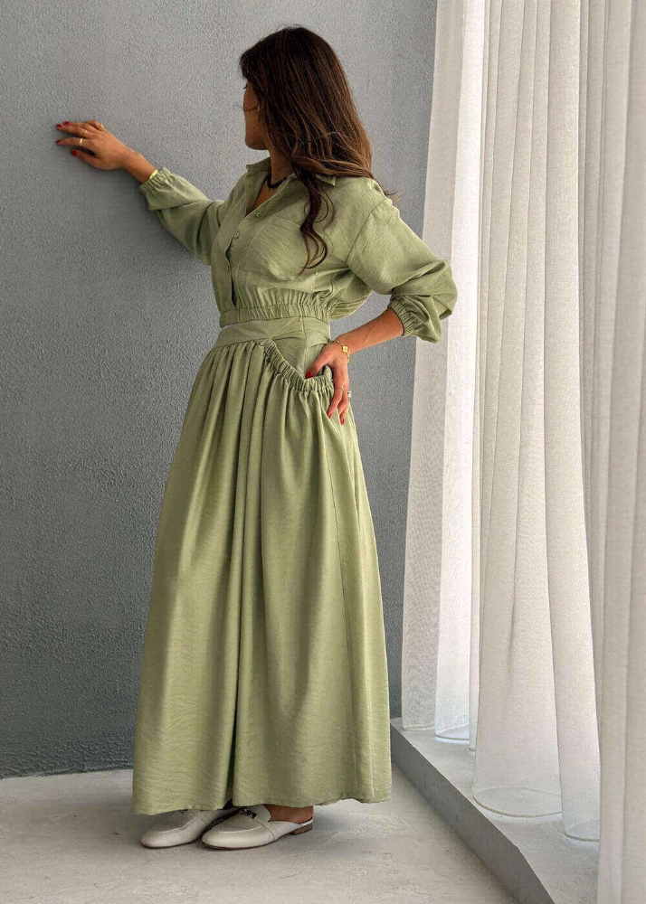 Picture of 7565 Light Olive Top And Skirt Set For Women