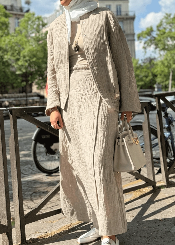 Picture of Nova Beige Oversize Linen Bomber Jacket With Skirt